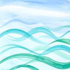 Watercolor waves, soft blues and greens, tranquil landscape