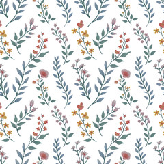 Obraz premium Whimsical Watercolor Floral Pattern with Delicate Pastel Flowers and Leaves on Navy Background, Seamless Repeating Vintage Illustration