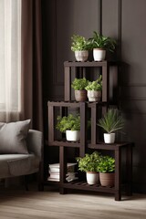 Fototapeta premium Dark wooden plant stand with multiple tiers and potted greenery accents a modern living room.