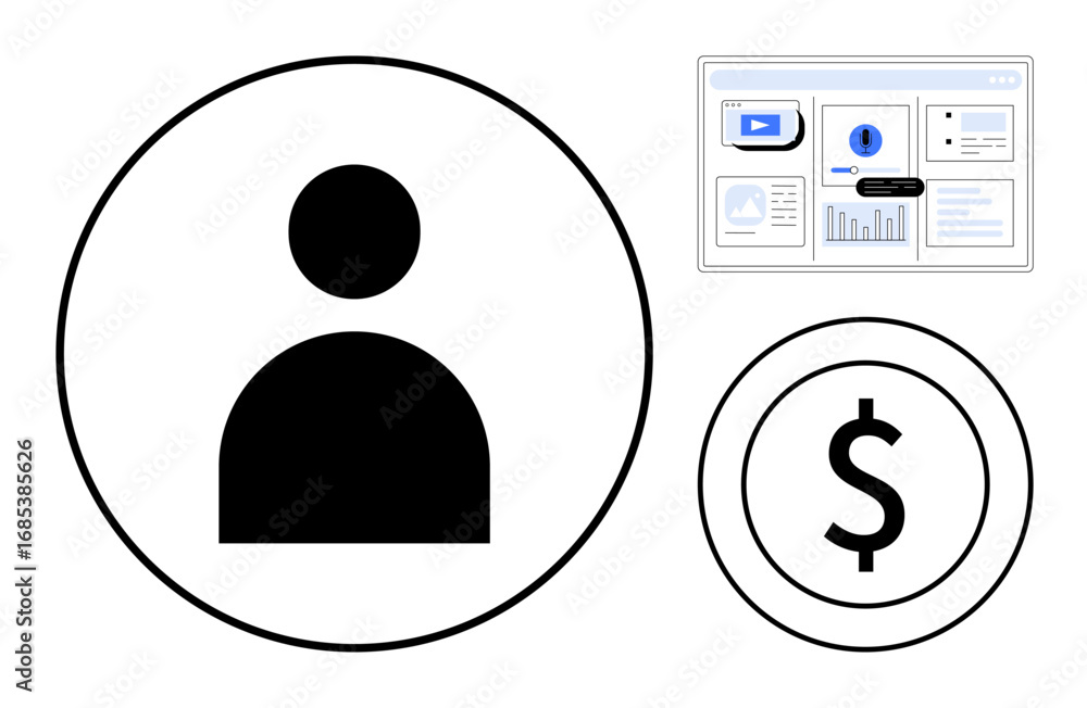 Fototapete user icon, dollar symbol, and analytics dashboard elements emphasizing user access, financial tracki