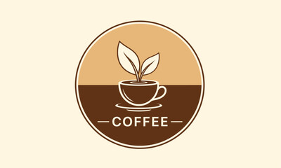 Logo of a coffee cup with leaves growing out, encircled by a two-tone brown background and the word "COFFEE." A vector illustration ideal for a cafe or brand.