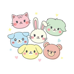 Obraz premium Cute Kawaii Animal Faces Collection Pink Cat Yellow Dog Blue Dog White Rabbit Green Dog Pink Bear illustration