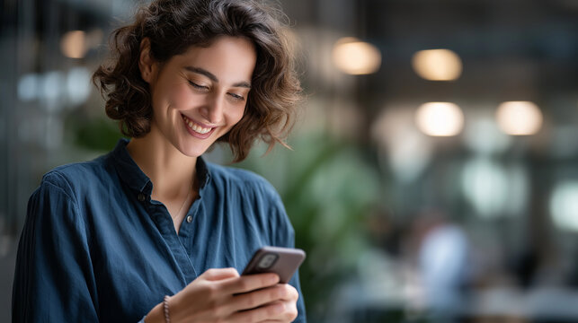 Female Mobile and Joyful with Messaging at New Venture Browse and Alert for Agreement Individual Device and Grin on Pause at Workplace Online Dialogue and Online Link Display - Powered by Adobe
