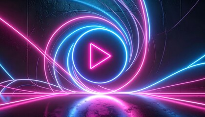 Neon play button in swirling vortex