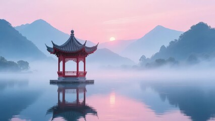 Naklejka premium Traditional pavilion reflected in a serene lake surrounded by misty mountains at dawn