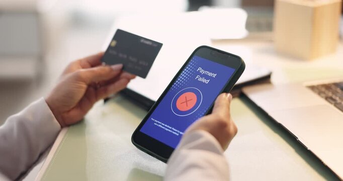 Hands, phone screen and payment fail with credit card, transaction or banking in office. Fintech, smartphone and person for online shopping, internet sales and declined notification for finance app