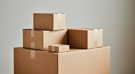 Stacked cardboard boxes sealed with tape, minimal kraft packaging background. Perfect for delivery, shipping, storage, moving, and packaging design mockups in modern style.