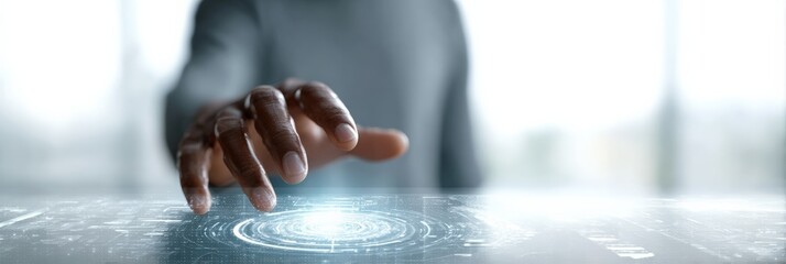 Businessman interacting with a futuristic touchscreen interface powered by artificial intelligence, generating glowing circles and digital data in a corporate environment