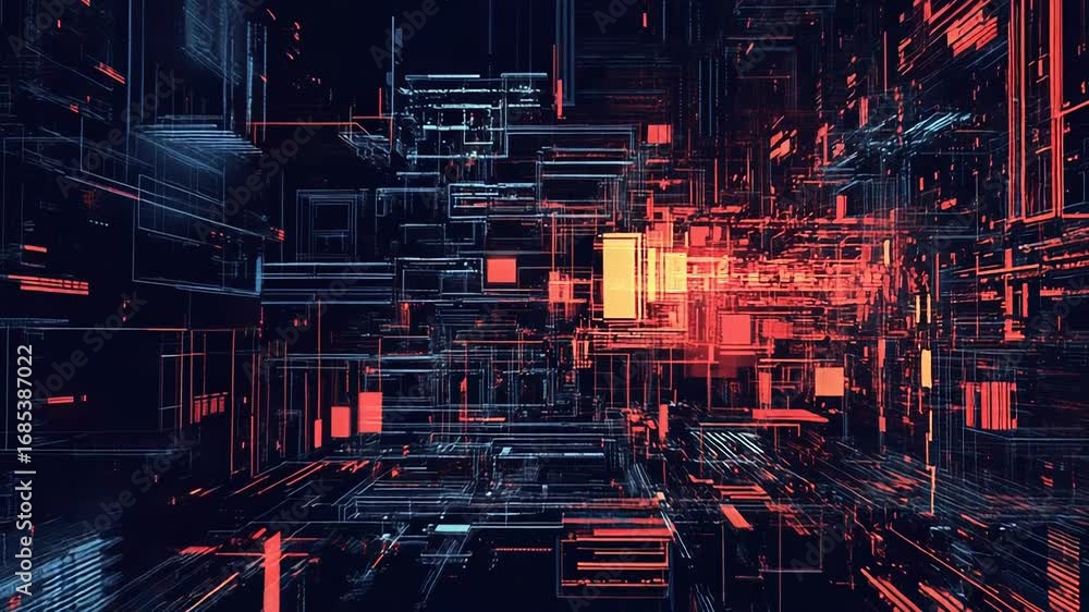 Poster complex glowing lines and rectangles creating futuristic technological structure