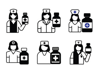 Fototapeta premium Illustrations of healthcare providers with a bottle of medicine icons set