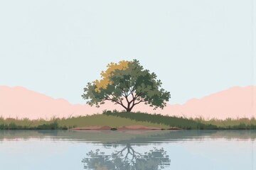 Serene Riverside View with Minimalist Tree and Water Reflections
