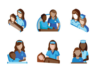 Isometric illustrations depicting nurses with diverse patients and colleagues in various settings