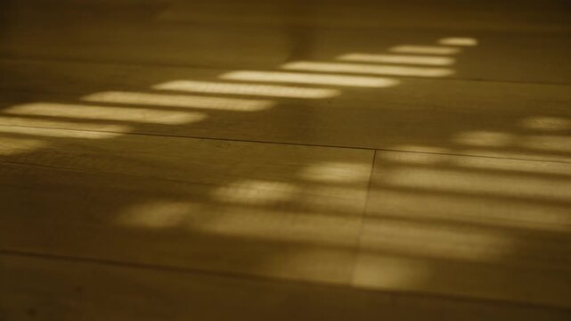Dappled light from window blinds shining inside apartment or house wooden floor. Early morning sun light seeping through cracks in window shutter painting shadows and shapes on parquet floor