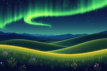 Serene Night Landscape with Aurora Borealis Over Rolling Hills