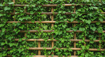 Lush Green Ivy on Bamboo Lattice Fence trellis vine leaves natur