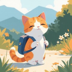 Happy Cat Character with Backpack in a Colorful Nature Scene