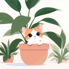 Cute Cartoon Cat Peeking Out of Flower Pot with Green Leaves