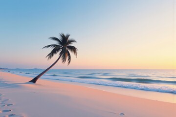 Tranquil Minimalistic Beach Scene with Single Palm Tree at Sunset