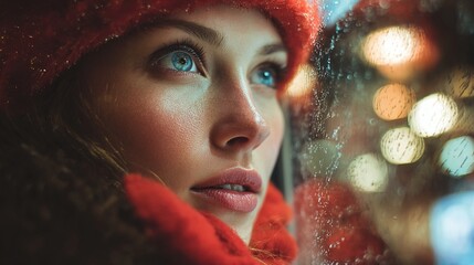 A close-up portrait of a young woman with captivating blue eyes, wearing a vibrant red hat and scarf, gazing thoughtfully out of a rainy window, illuminated by soft bokeh lights.