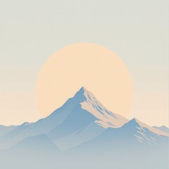 Minimalist Mountain Landscape with Sun in Soft Color Palette