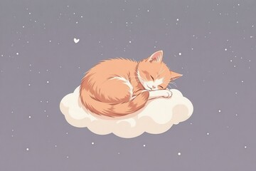 Cute Kitten Curled Up Sleeping on a Soft Cloud with Stars