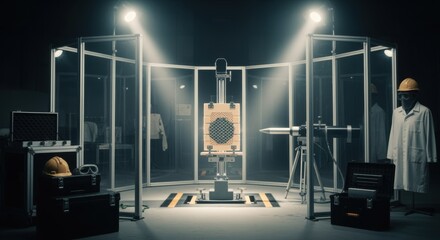 Experimental hypervelocity impact range showing protective barriers and safety equipment around area testing orbital debris shielding.