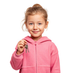 Smiling young girl in pink hoodie holding keys on transparent background