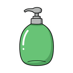 A simple cartoon illustration of a green liquid soap dispenser with a gray pump mechanism isolated on a white background
