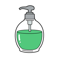 Cartoon illustration of a clear glass bottle with a gray pump dispenser filled with green liquid soap on a white background
