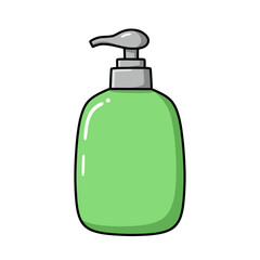 A simple cartoon illustration of a green liquid soap dispenser with a pump top on a white background