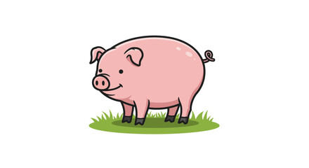Cute cartoon pink pig standing in green grass with a curly tail and a happy expression on a white background