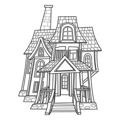 Victorian witch house outlined for coloring page isolated on a white background