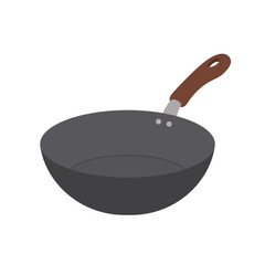 A simple modern illustration of a black wok with a brown wooden handle isolated on a white background perfect for culinary themes