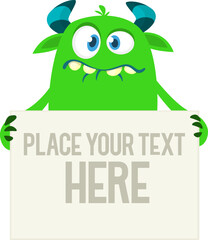 Catoon funny monster character holds banner paper sign for advertisement. Halloween illustration