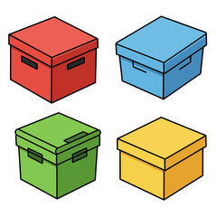 Four colorful storage boxes in red blue green and yellow arranged in a grid on a white background with a simple illustration style