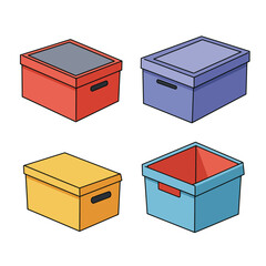 Four colorful storage boxes with lids and handles presented in a clean simple illustration style for organization and storage concepts