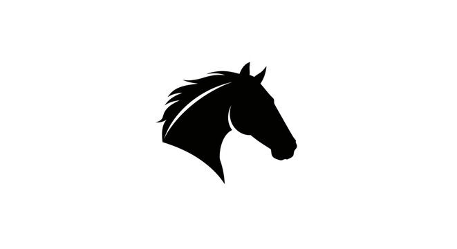 Elegant black silhouette of a powerful horse head with a flowing mane against a clean white background symbolizing strength and grace