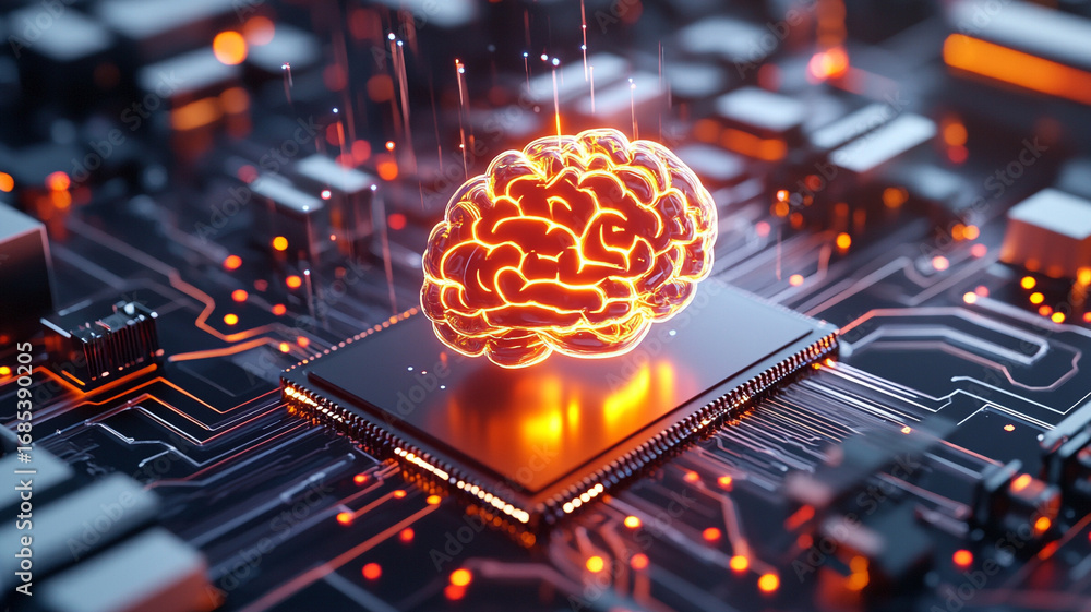 Poster glowing brain on circuit board abstract digital illustration of artificial intelligence