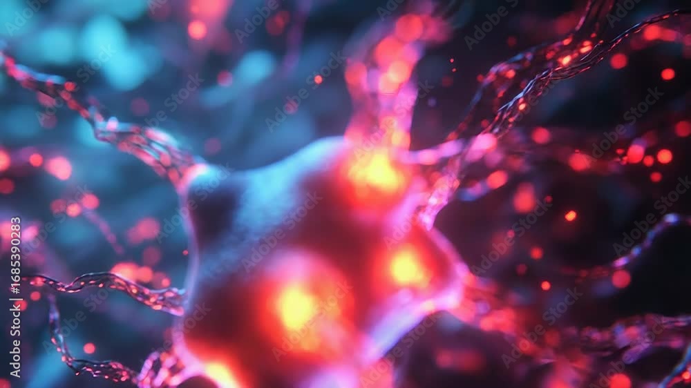 Poster glowing neuron sending signals through nervous system
