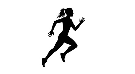Silhouette of a fit woman running with her hair in a ponytail captured in a dynamic action pose against a white background