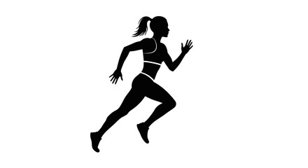 Silhouette of a fit woman with ponytail running at full speed wearing athletic clothing on a white background