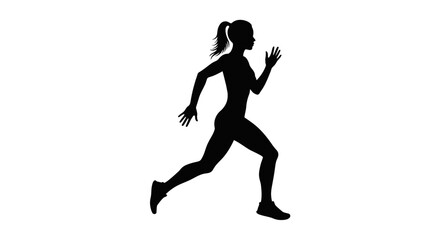 Silhouette of a fit woman running with her hair in a ponytail captured in a dynamic side profile against a white background