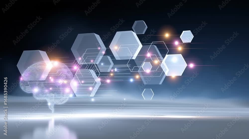 Poster abstract representation of a brain with digital circuitry, showcasing a dynamic flow of hexagonal sh