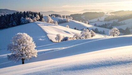 Winter wonderland panorama. Snow-covered hills and trees at sunrise