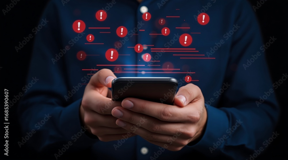 Poster mobile phone security alerts and warnings concept with exclamation point icons and notification on s
