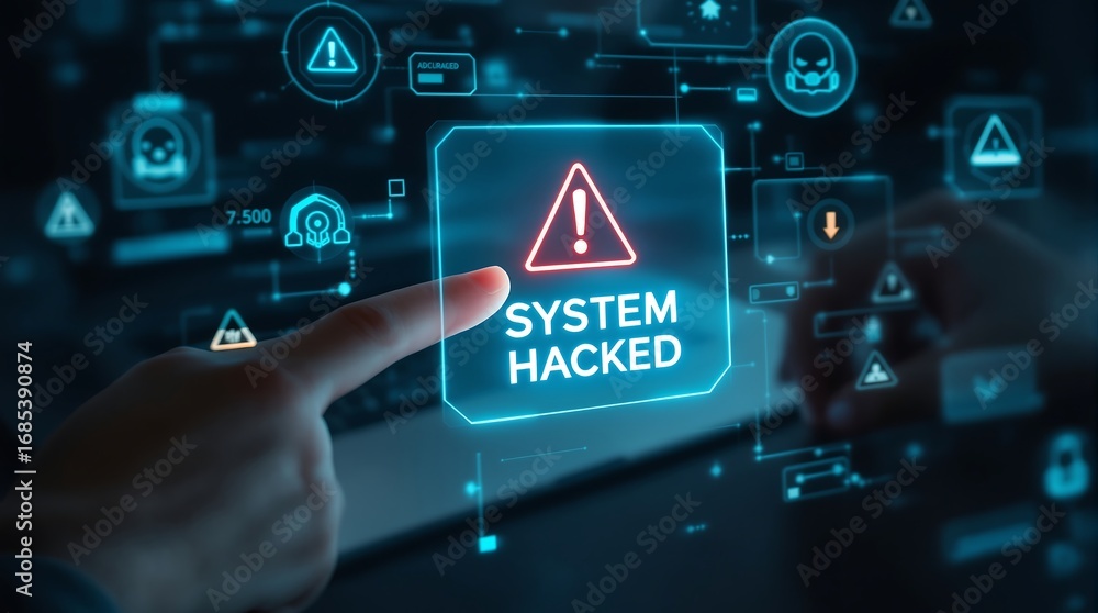 Poster system hacked alert cyber security threat detected online data breach digital attack network intrusi
