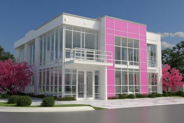 A modern, two-story building with pink accents.