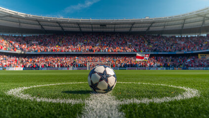 Soccer Ball Positioned on Grass in a Vibrant Stadium