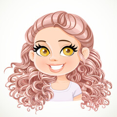 Beautiful girl with powdery pink with magnificent curly hair gathered at the nape portrait isolated on white background