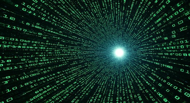 Binary code streams through a digital tunnel towards a bright, glowing point in the center.